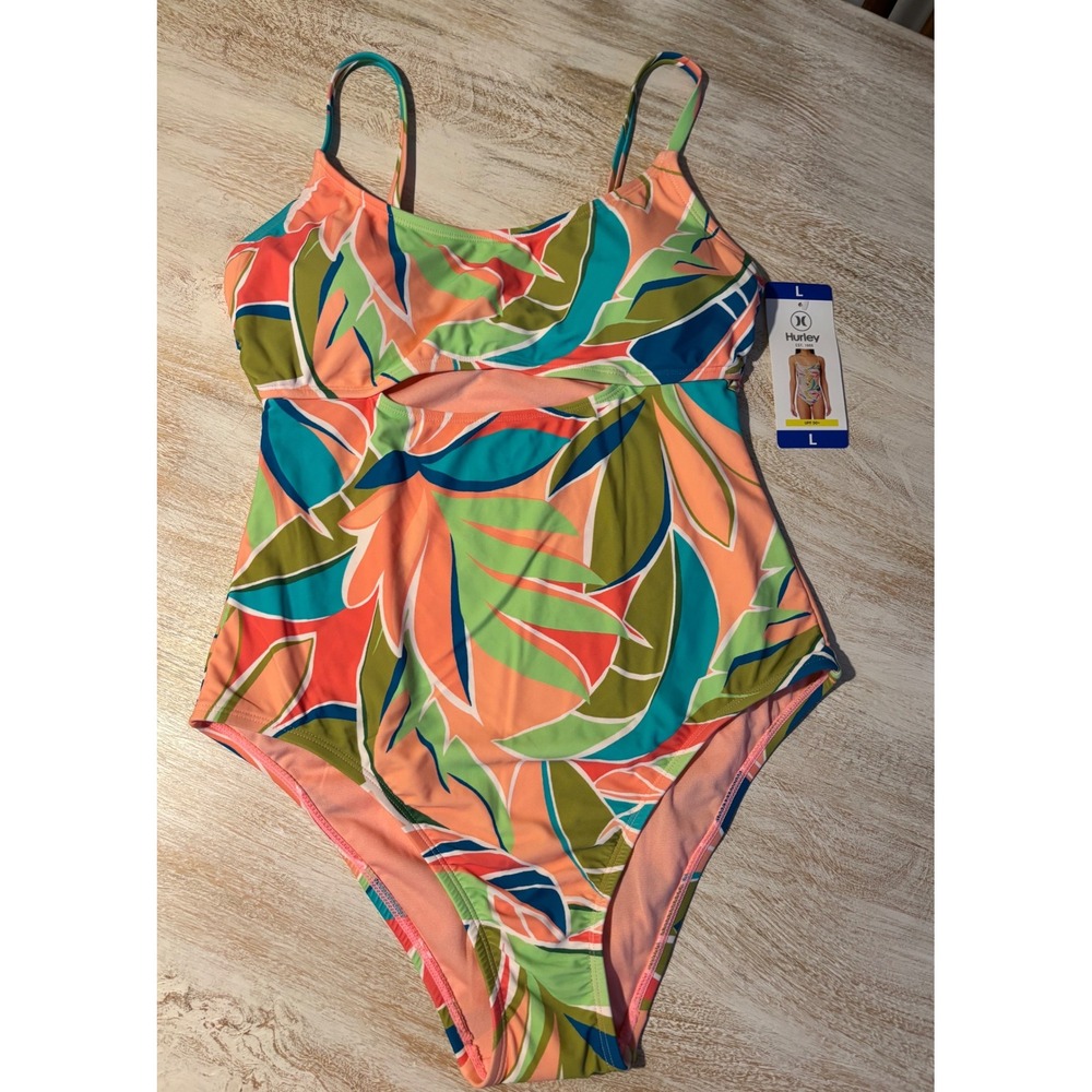 Hurley Womens One Piece Swimsuit Large Graphic Leaf Citron Cutout UPF 50+ NEW - Picture 1 of 7